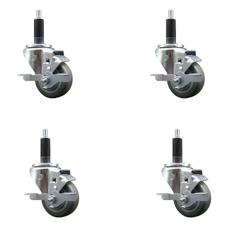 Service Caster 3'' SS Gray Poly Swivel 1'' Expanding Stem Caster Set with Brake, 4PK SCC-SSEX20S314-PPUB-TLB-1-4